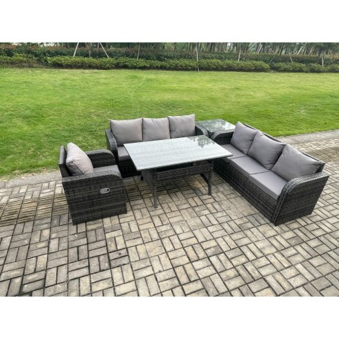 Fimous 7 Seater Rattan Garden Furniture Set Oblong Rectangular Dining Table and Chairs Set with 3 Seater Sofa Side Tables Dark Grey Mixed
