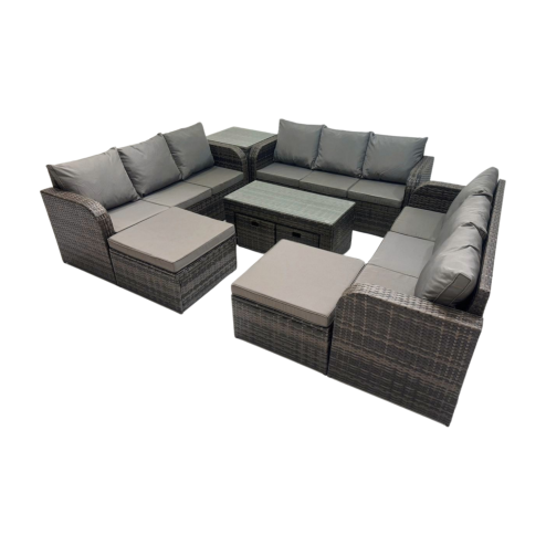 Fimous Rattan Garden Outdoor Furniture Set 3 Seater Sofa Coffee Table with Side Table 4 Footstools Dark Grey Mixed