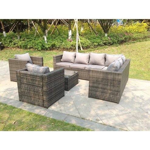 Fimous 8 Seater Grey Rattan Corner Sofa Set Coffee Table 2 Armchairs Garden Furniture Outdoor