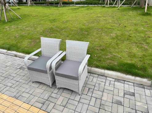Fimous Light Grey Rattan Outdoor Garden furniture Set Rectangular Table and 6 Chairs Set with Seat Cushion