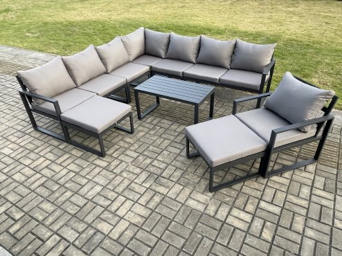 Fimous Aluminium Outdoor Garden Furniture Set Lounge Corner Sofa Chair Oblong Coffee Table Sets with 2 Big Footstools Dark Grey