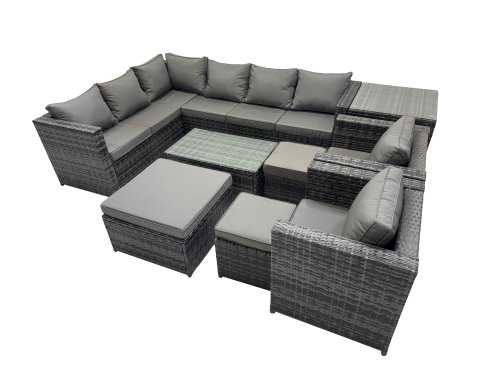 Fimous Outdoor Rattan Rectangular Coffee Table Corner Sofa Sets Garden Furniture Set with 2 Chairs 3 Stools Side Table Dark Grey Mixed
