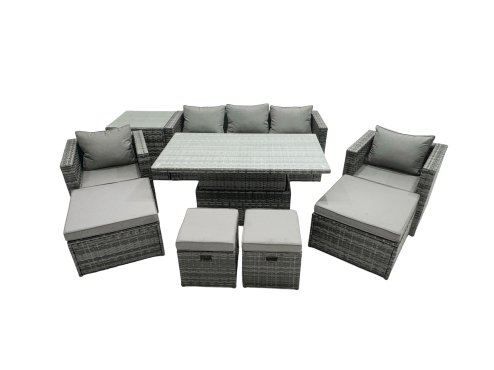Fimous PE Rattan Garden Furniture Set Lounge Sofa Rising Dining Table Set with Side Table 4 Footstool Dark Grey Mixed
