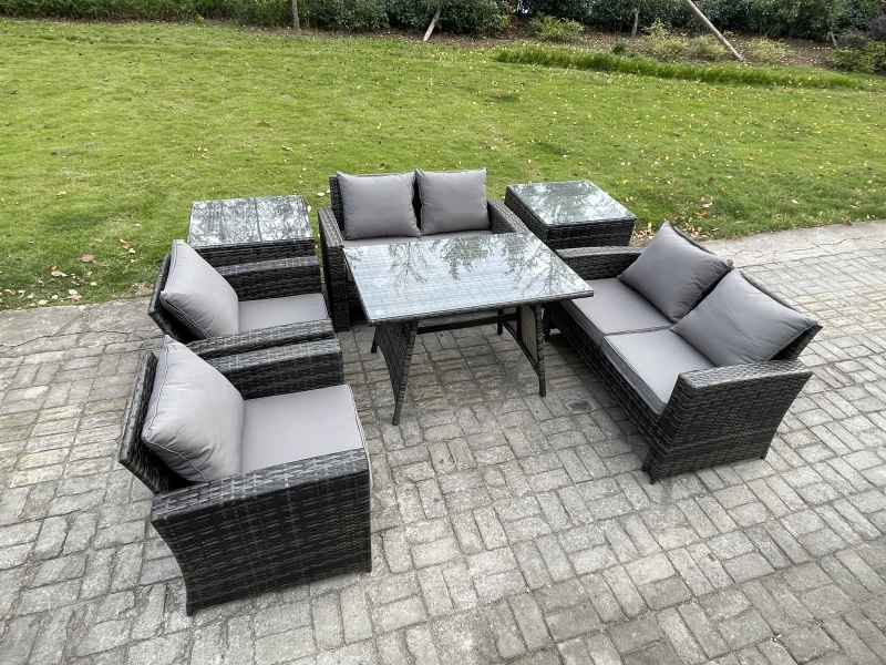 Fimous Rattan Garden Furniture Set Patio Outdoor Lounge Sofa Set with Rectangular Dining Table Love Seat Sofa 2 Side Tables Dark Grey Mixed