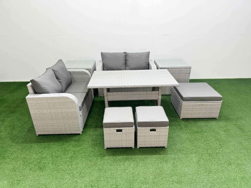 Fimous 7 Seater Outdoor Love Sofa Set Rattan Garden Furniture Set with Rectangular Dining Table 3 Footstool 2 Side Tables Light Grey