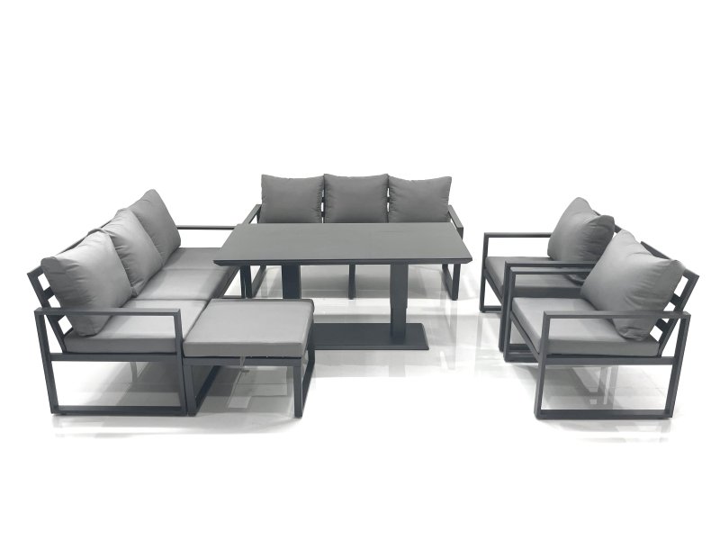 Fimous Garden Sofa Set Aluminium Furniture Rising Dining Tabe Set with 2 Chair Big Footstool Dark Grey