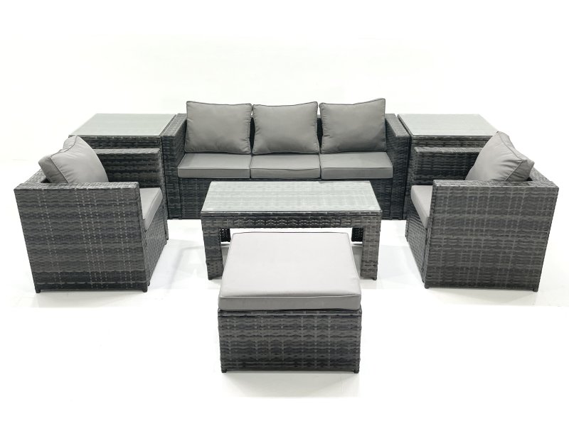 Fimous Rattan Garden Furniture Set Outdoor Lounger Sofa with Coffee Table 2 Armchair Big Footstool 2 Side Tables Dark Grey Mixed