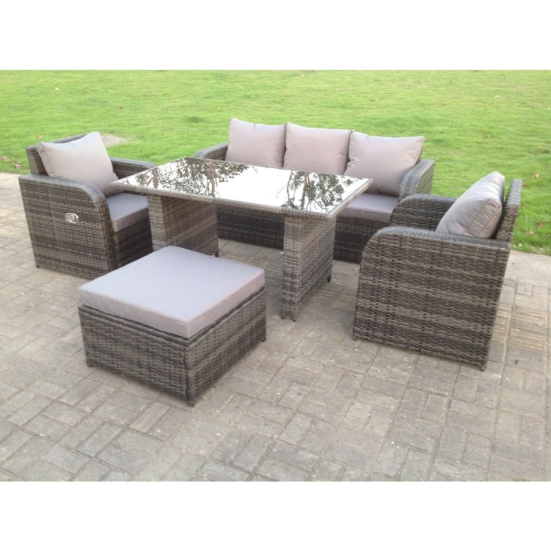 Fimous Rattan Garden Furniture Set Adjustable Chair Sofa Lounge 3 Seater Sofa Rectangular Dining Black Glass Table Footstool