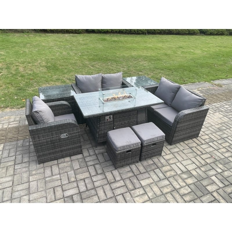 Fimous Outdoor Sofa Rattan Garden Furniture Set Patio Gas Fire Pit Dining Table and Reclining Chair set with 2 Side Tables 2 Small Footstools Dark Grey Mixed