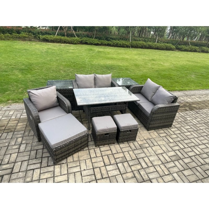 Fimous Lounge Rattan Sofa Set Outdoor Garden Furniture Oblong Rectangular Dining Table With Chairs 3 Footstools 2 Side Tables 8 Seater Dark Grey Mixed