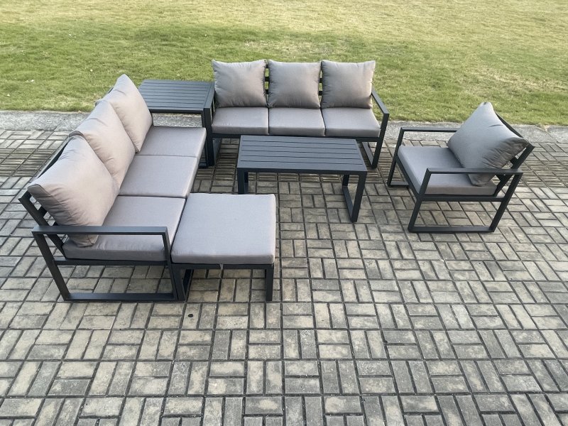 Fimous Aluminium 8 Seater Garden Furniture Outdoor Patio Sofa Set with Rectangular Coffee Table Armchair Big Footstool Side Table Dark Grey