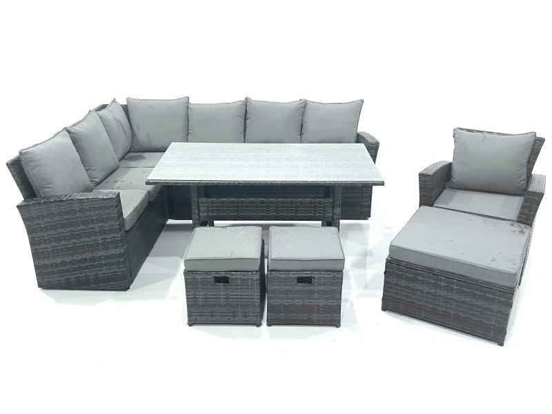 Fimous Outdoor Furniture Garden Dining Set Rattan Corner Sofa Set with 3 Footstools Armchair Dark Grey Mixed