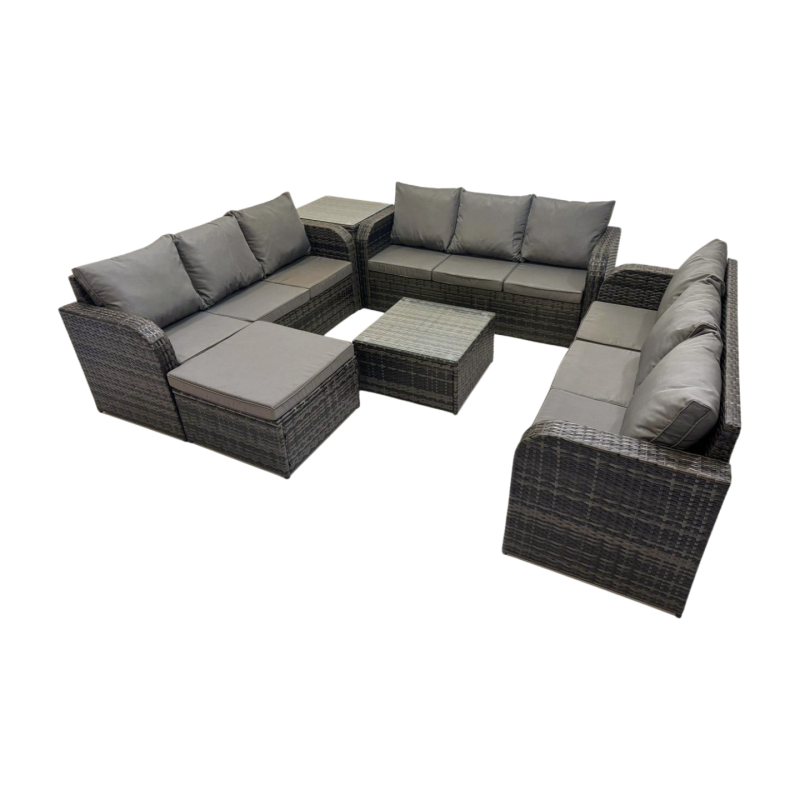 Fimous Rattan Garden Outdoor Furniture Set 3 Seater Sofa Square Coffee Table Set with Big Stool Side Table Dark Grey Mixed