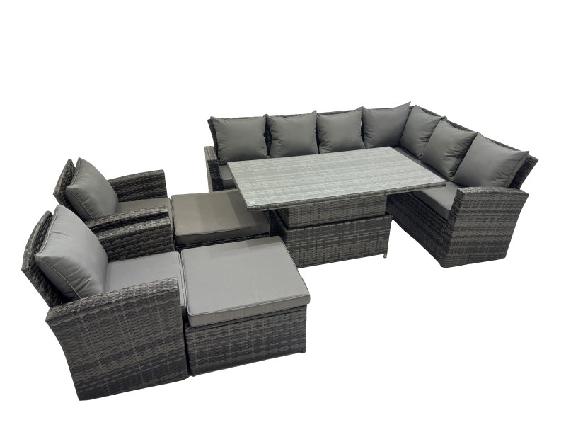 Fimous 10 Seat Rattan Garden Furniture Corner Sofa Set Outdoor Adjustable Lifting Dining or Coffee Table Set with 2 Big Footstools Dark Grey Mixed