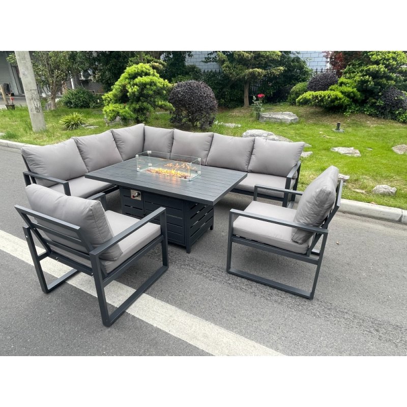 Fimous Aluminum Outdoor Garden Furniture Set Corner Sofa 2 PC Chairs Gas Fire Pit Dining Table Set Gas Heater Burner Dark Grey 8 Seater