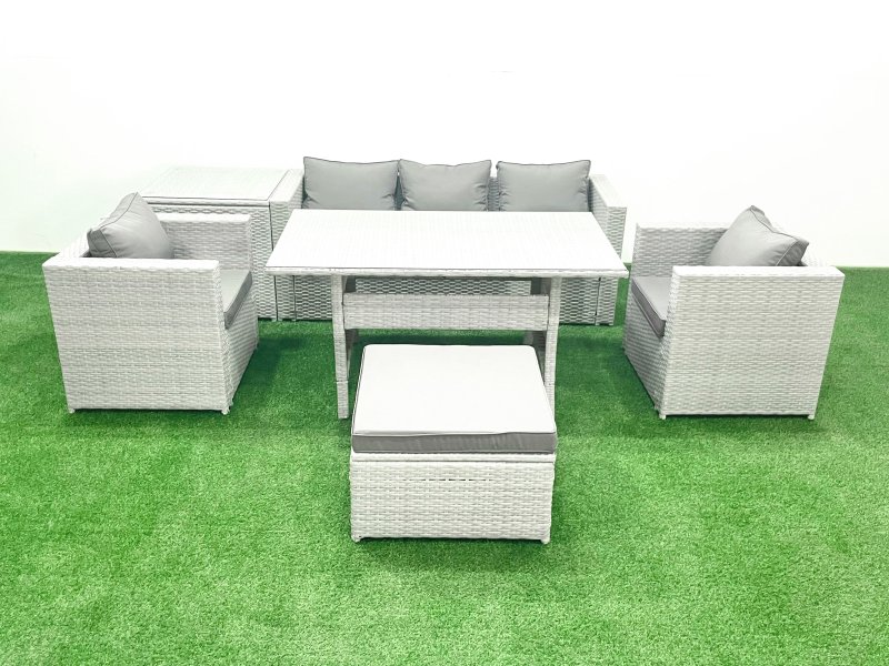 Fimous Garden Dining Set Outdoor Rattan Furniture Set with Sofa Dining Table 2 Chairs Big Footstool Side Table Light Grey Mixed