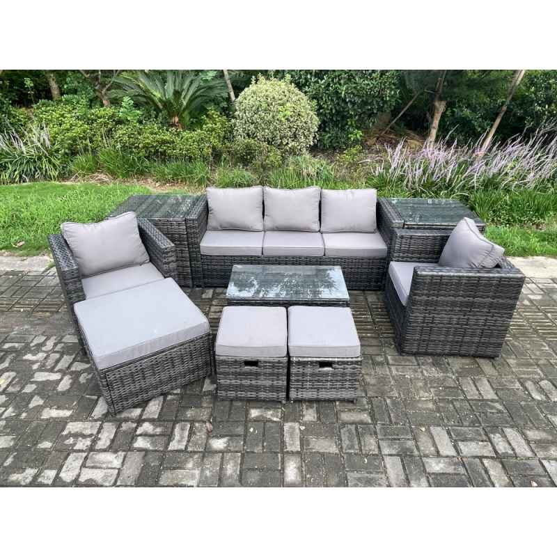 Fimous 8 Seater Rattan Garden Furniture Set Outdoor Patio Sofa Set with 2 Armchairs 2 Side Tables Oblong Table 3 Footstools Dark Grey Mixed