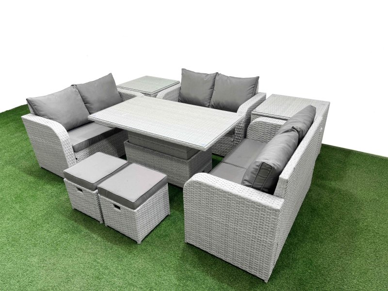 Fimous 8 Seater PE Wicker Rattan Furniture Sofa Sets with Adjustable Lifting Dining or Coffee Table 2 Seater Love Sofa 2 Stool 2 Side Table Light Grey
