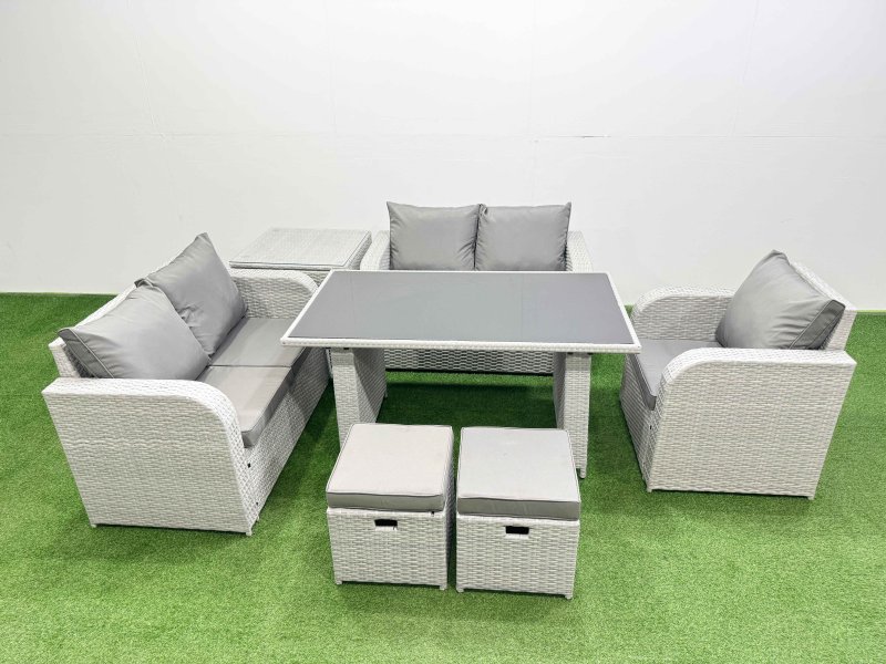 Fimous Rattan Sofa Outdoor Furniture with Dining Table,Side Table,Love Sofa,2 Small Stools Patio Furniture Light Grey 7 Seater