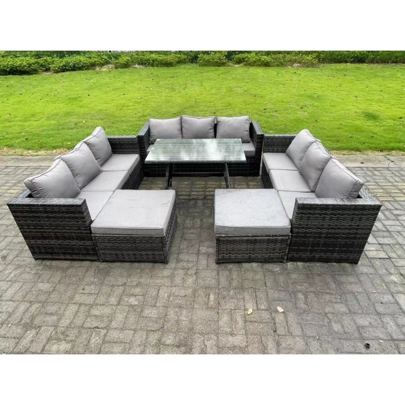 Fimous 11 Seater Wicker PE Rattan Outdoor Furniture Lounge Sofa Garden Dining Set with Dining Table 2 Big Footstools Dark Grey Mixed