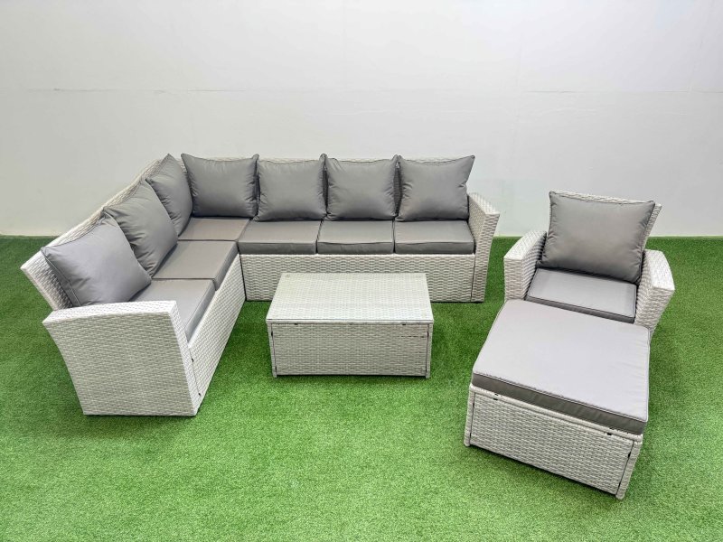 Fimous 8 Seater Garden Outdoor PE Rattan Furniture Set Rattan Garden Sofa Set with Big Footstool Light Grey Mixed