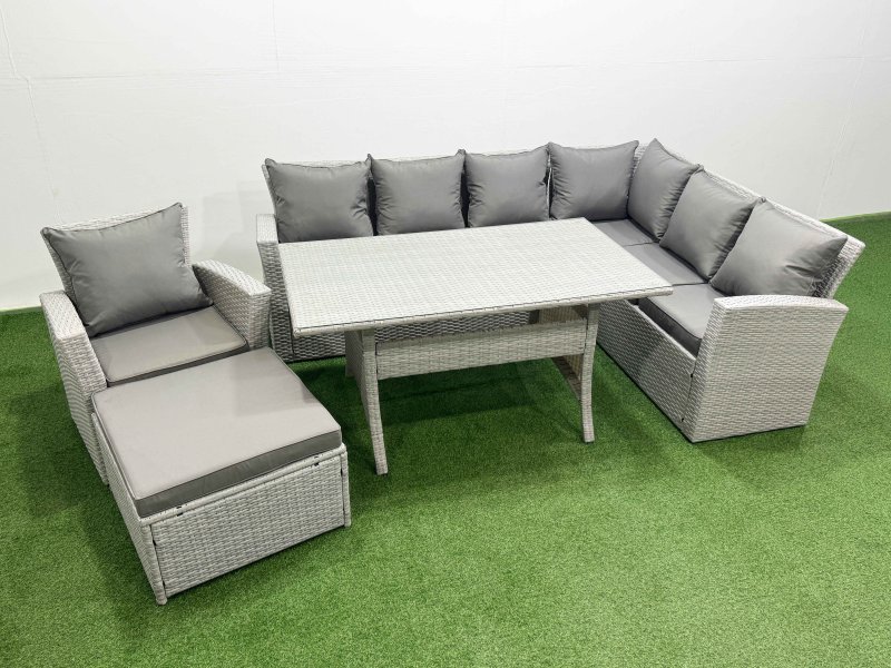 Fimous Rattan Garden Furniture Set Outdoor 8 Seater Patio Dining Corner Sofa Sets with Dining Table Chair Big Footstool Light Grey Mixed
