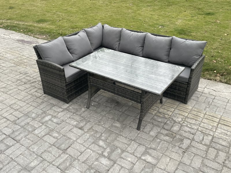 Fimous Outdoor Rattan Garden Furniture Corner Sofa Set with Rectangular Dining Table Patio Wicker Rattan Set Dark Grey Mixed