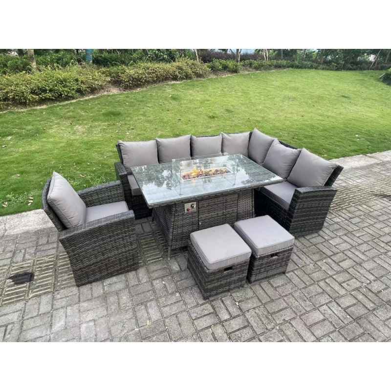 Fimous High Back Rattan Garden Furniture Sets Gas Fire Pit Dining Table Gas Heater Set Corner Sofa Small Footstools Chair 9 Seater