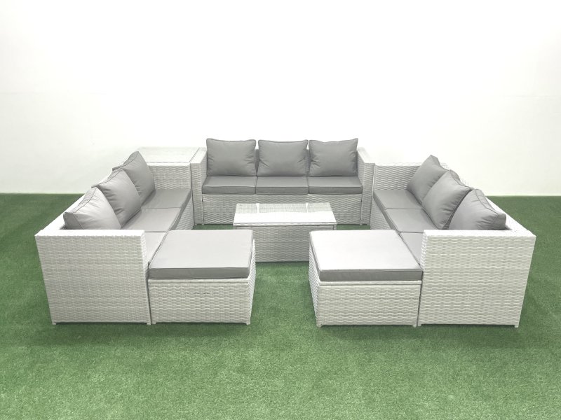 Fimous Rattan Garden Outdoor Furniture Set 11 Seater Garden Sofa Coffee Table Set with 2 Big Footstools Side Table Light Grey Mixed