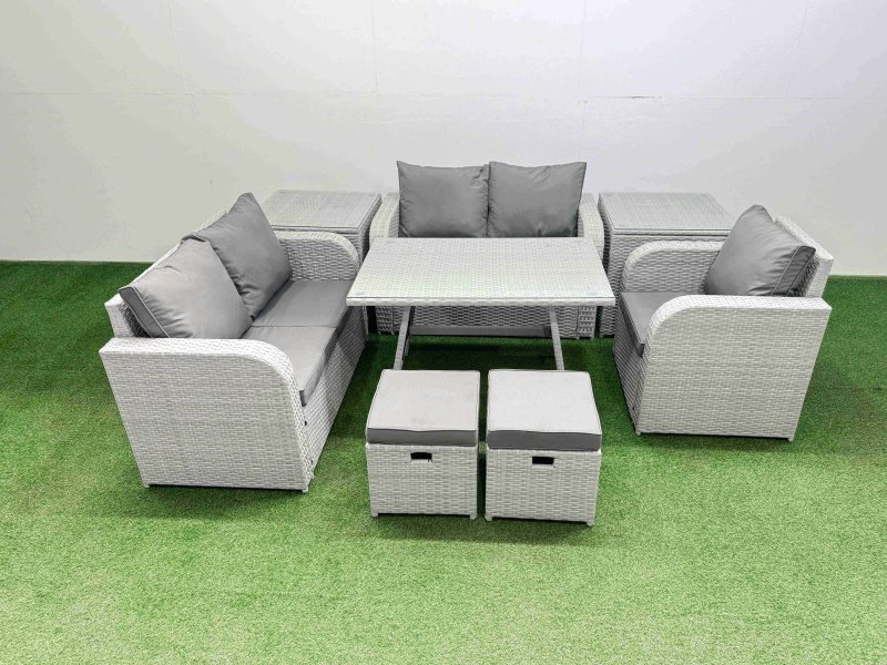 Fimous 7 Seater Outdoor Rattan Garden Furniture Set Love Sofa Reclining Chair Set with Rectangular Dining Table 2 Side Tables 2 Small Footstools Light Grey