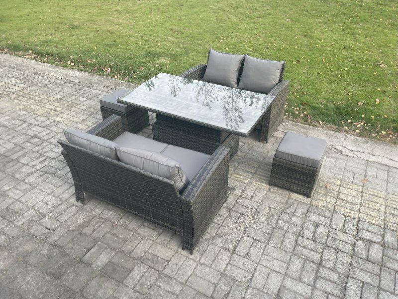 Fimous 5 Pieces Garden Furniture Sets Poly Rattan Outdoor Patio Height Adjustable Rising Lifting Table Sofa Dining Set with 2 Small Footstools