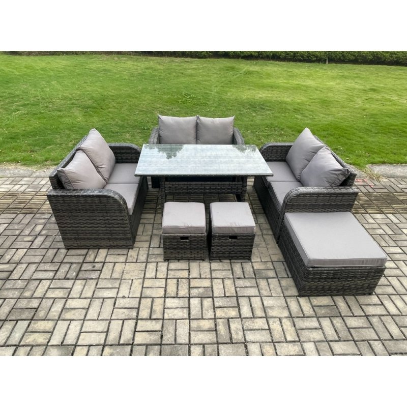 Fimous 9 Seater Outdoor Rattan Garden Furniture Set with Patio Rectangular Dining Table Love Sofa 3 Footstools Dark Grey Mixed
