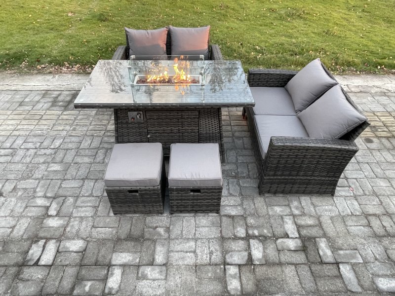 Fimous 5 Pieces Garden Furniture Sets Poly Rattan Outdoor Patio Gas Firepit Dining Table Sofa Set with 2 Small Footstools