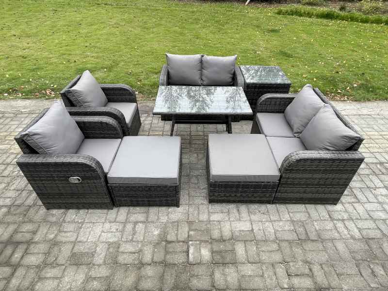Fimous 8 Seater Wicker PE Rattan Garden Dining Set Outdoor Furniture Sofa with Rectangular Dining Table Side Table 2 Big Footstool Dark Grey Mixed