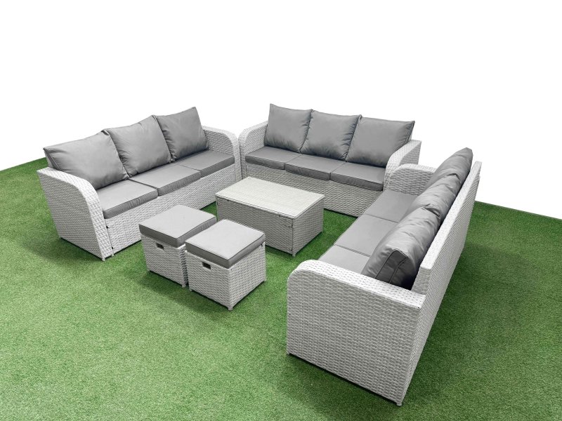 Fimous PE Rattan Lounge Sofa Set 11 Seater Outdoor Garden Furniture Set with Rectangular Coffee Table 3 Seater Sofa 2 Stools Light Grey