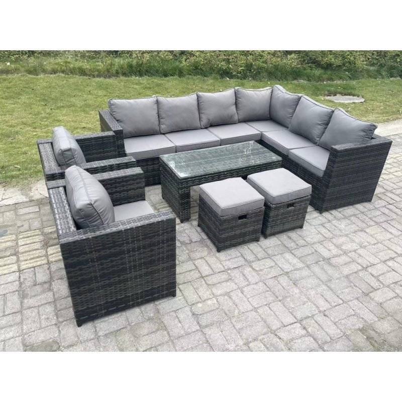 Fimous 10 Seater Rattan Corner Sofa Lounge Sofa Set With Rectangular Coffee Table 2 Stool Dark Grey Mixed Right Hand