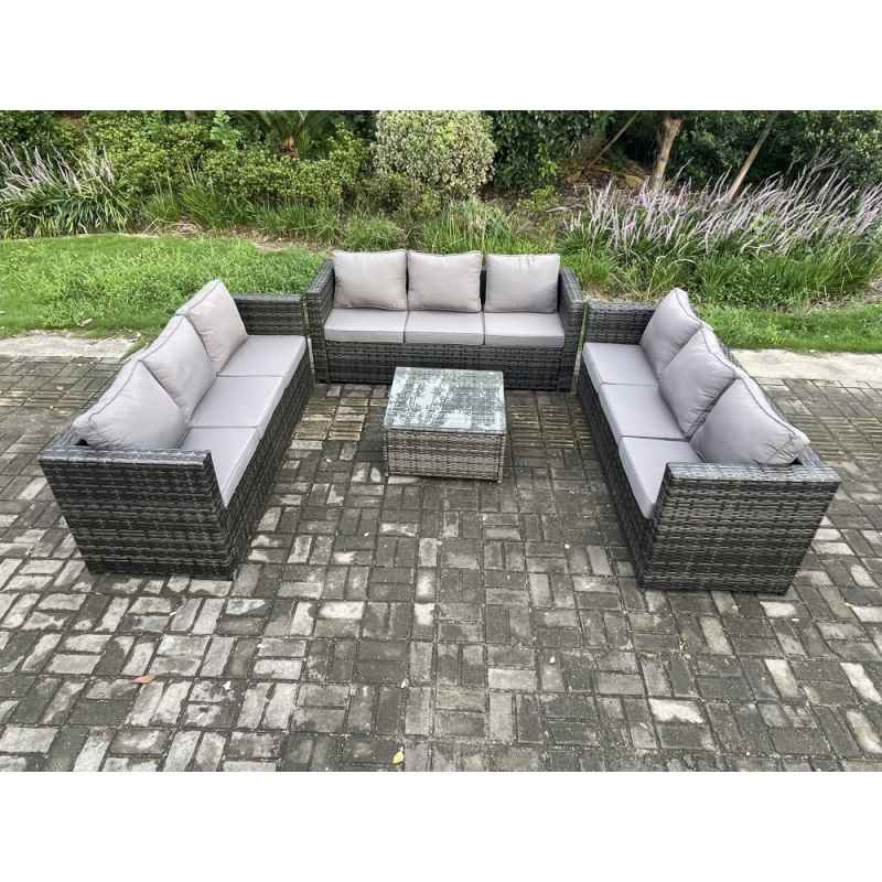 Fimous 9 Seater Rattan Garden Furniture Set Patio Outdoor Lounge Sofa Set with Square Coffee Table Dark Grey Mixed