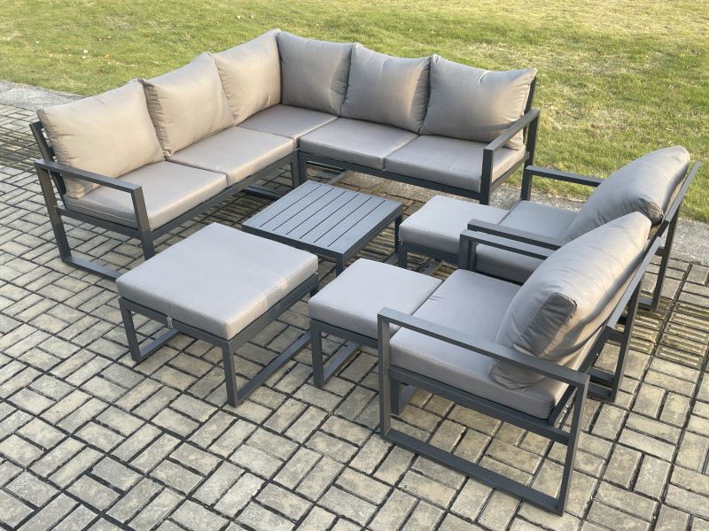 Fimous 10 Seater Outdoor Aluminium Garden Furniture Set Corner Lounge Sofa Set with Square Coffee Table 3 Footstools Dark Grey