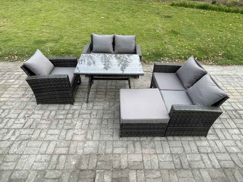 Fimous 6 Seater Wicker PE Rattan Garden Dining Set Outdoor Furniture Sofa with Rectangular Dining Table Double Seat Sofa Big Footstool Dark Grey Mixed