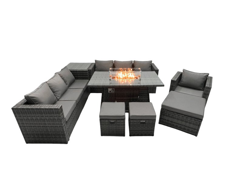 Fimous Rattan Garden Furniture Firepit Dining Set 10 Seater Lounge Sofa Table Set with side table 3 Footstool