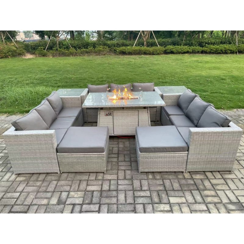 Fimous Outdoor Garden Dining Sets Rattan Furniture Gas Fire Pit Dining Table Gas Heater with 2 Side Tables 2 Big Footstools Light Grey