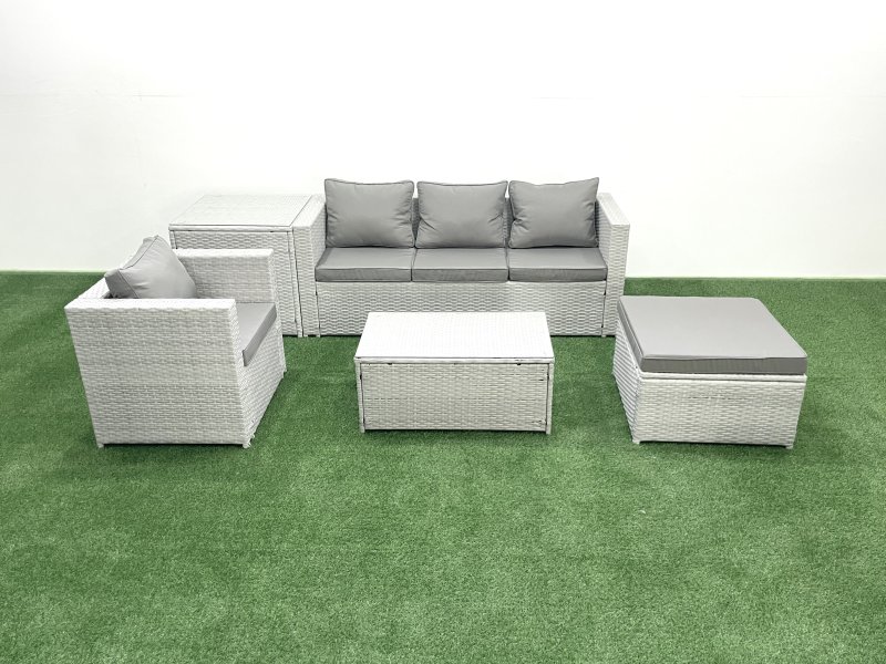 Fimous 5 Pieces Rattan Garden Furniture Set Outdoor Garden Sofa Chair Coffee Table Set with Side Table Big Footstool Light Grey Mixed