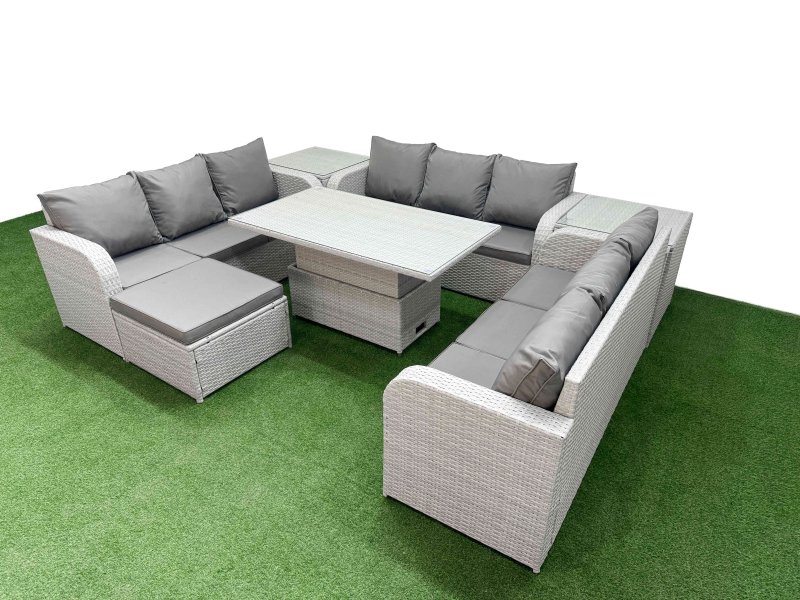Fimous PE Rattan Lounge Sofa Set 10 Seater Outdoor Garden Furniture Set with Adjustable Lifting Dining or Coffee Table 3 Seater Sofa Big Footstool 2 Side Table Light Grey