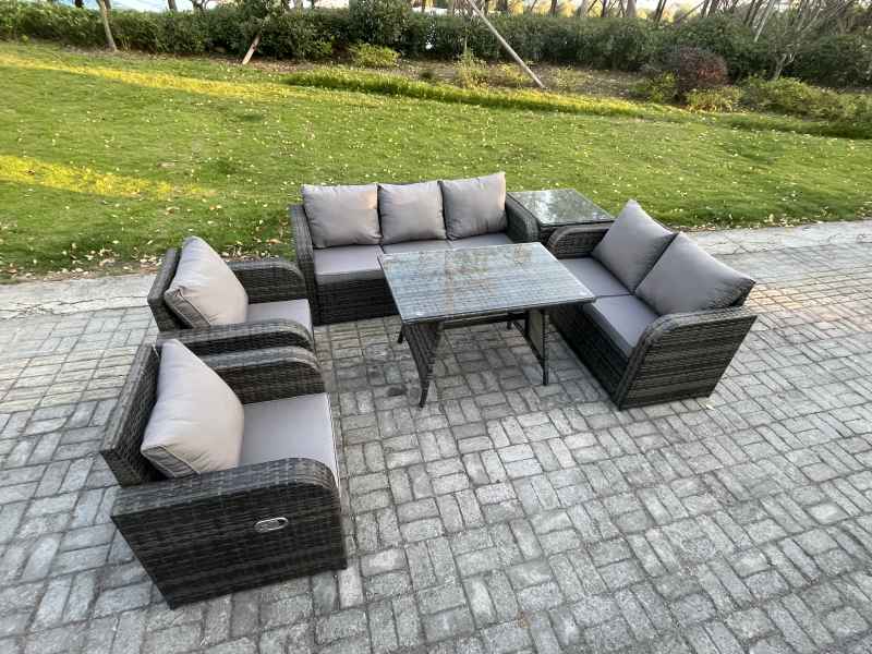 Fimous 7 Seater High Back PE Rattan Sofa Set Outdoor Garden Furniture Dining Table Set With Reclining Chair 3 Seater Sofa Love Sofa Side Table