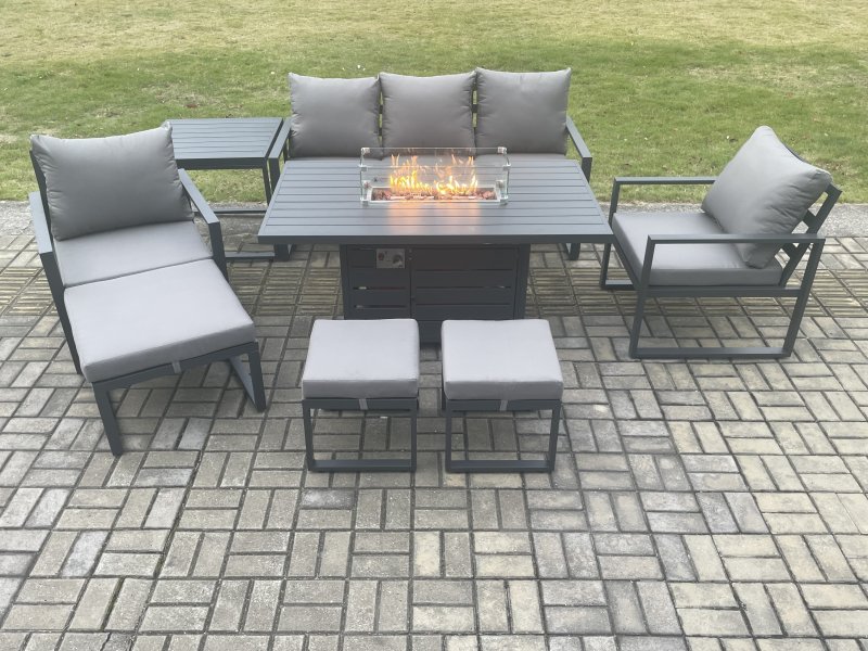 Fimous Aluminium Patio Outdoor Garden Furniture Lounge Sofa Set Gas Fire Pit Dining Table with Side Table 3 Footstools Dark Grey