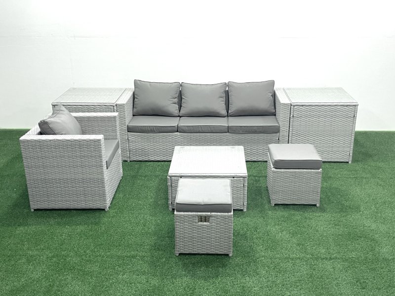 Fimous Garden Outdoor Furniture Set 6 Seater Rattan Sofa Set with Big Footstool Armchair 2 Side Tables Light Grey Mixed