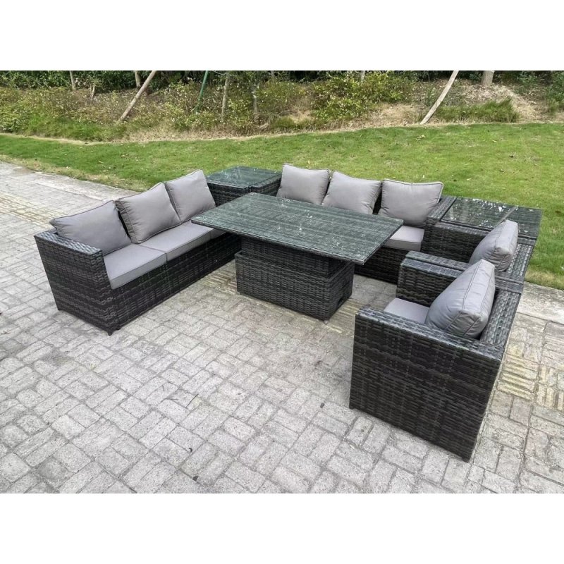 Fimous Wicker PE Garden Furniture Rattan Sofa Set Outdoor Adjustable Rising Lifting Dining Table Set with 2 Armchairs 2 Side Tables Dark Grey Mixed