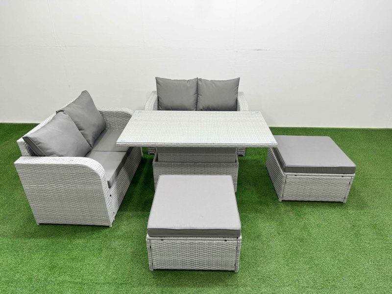 Fimous 6 Seater Outdoor Love Sofa Set Rattan Garden Furniture Set with Adjustable Lifting Dining or Coffee Table 2 Footstool Light Grey