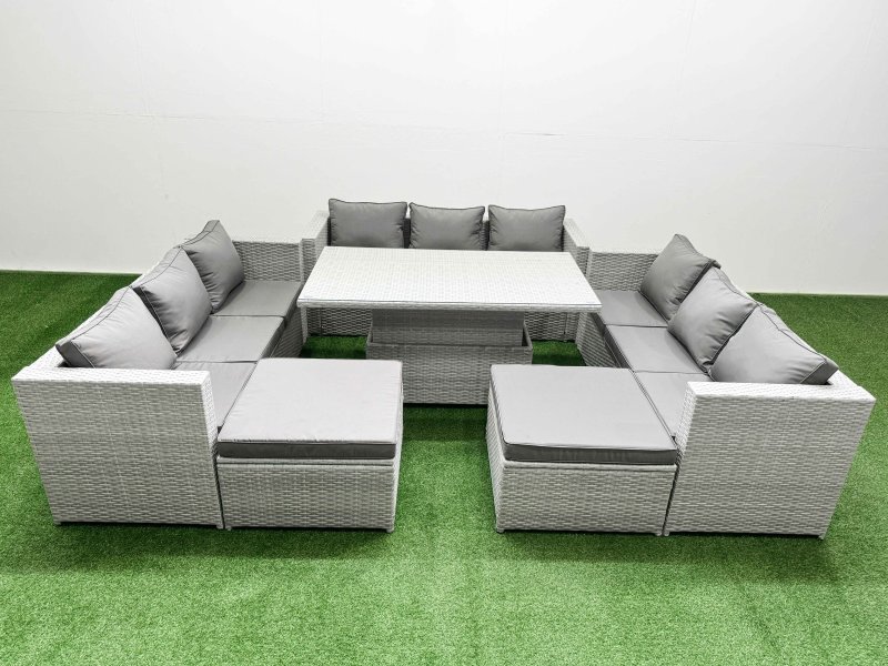 Fimous 6 PCs Rising Dining Table Set Rattan Furniture Set with 3 Seater Sofa 2 Big Footstool Light Grey