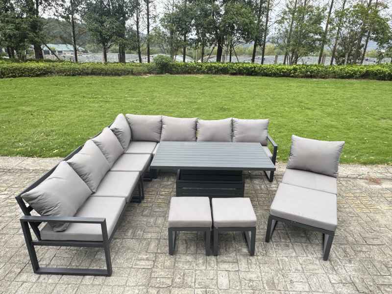Fimous 9 Pieces Aluminium Garden Furniture Set with Cushions, Patio Furniture Set with Adjustable Rising Lifting Dining Table 2 Big Footstools Dark Grey